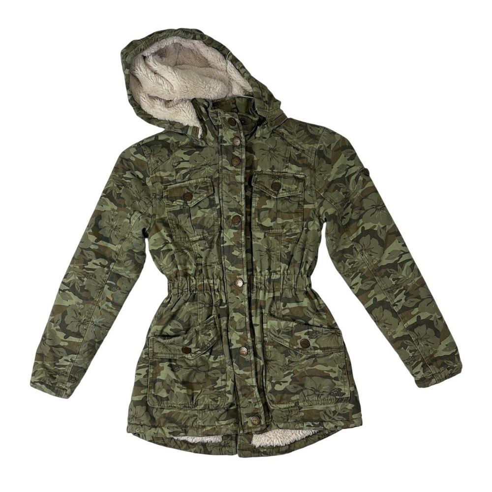 Urban Republic Girls Camo Floral Utility Jacket Faux Fur Lined Green S 7/8 5808